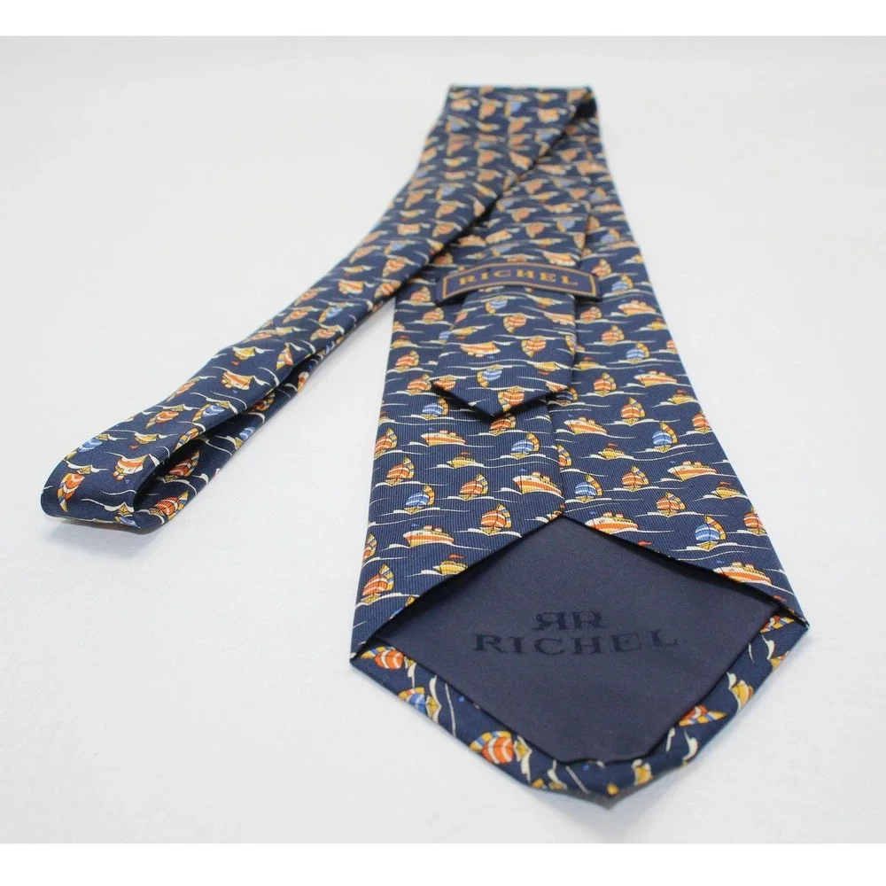 Richel Mens Silk Tie Navy Blue Nautical Sailboat Cruise Ship Hand Made Spain